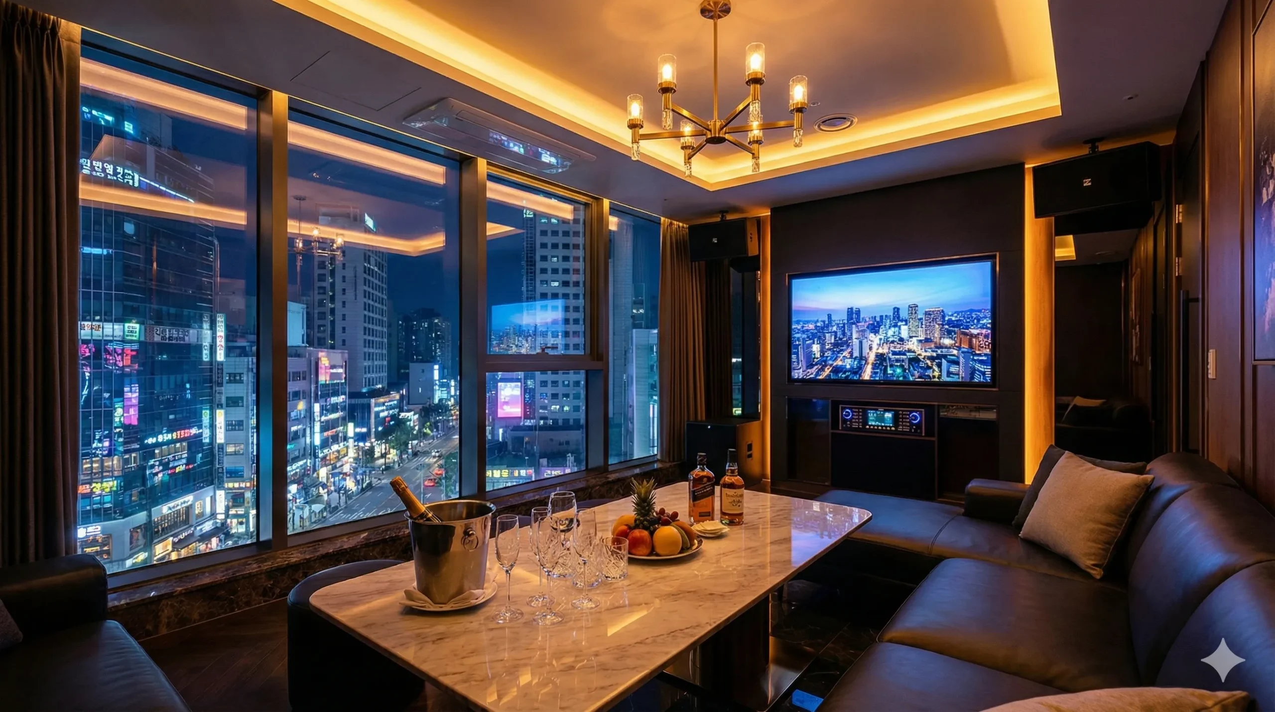 서울 강남의 화려한 가라오케 룸 내부 전경